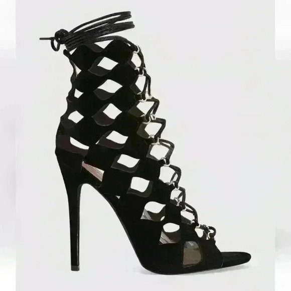 Pretty little Thing Chey Black Geometric Cut Out Lace Up Black Suede Heels - Picture 1 of 4